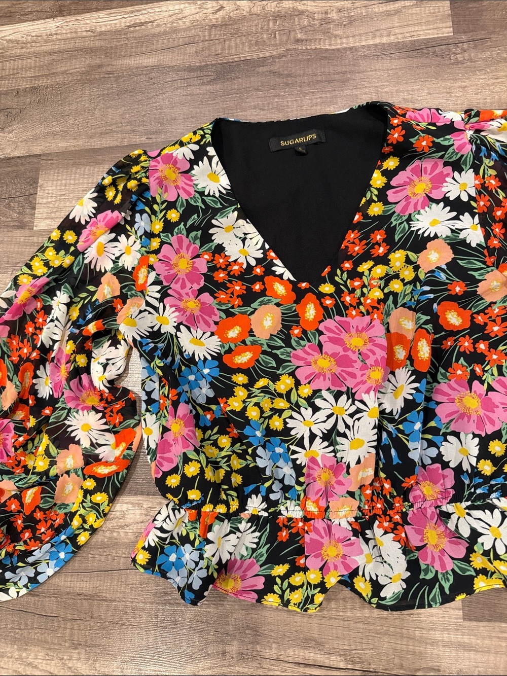 Sugarlips Black Floral V-Neck bell sleeve Peplum Top with Multicolor Blooms